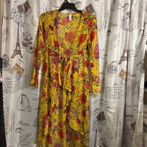 No Boundaries Yellow Floral Long Sleeve semi sheer cover-up dress